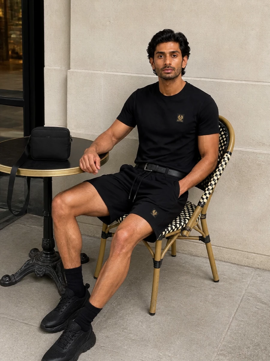 Belstaff black logo tee sporty shorts outfit