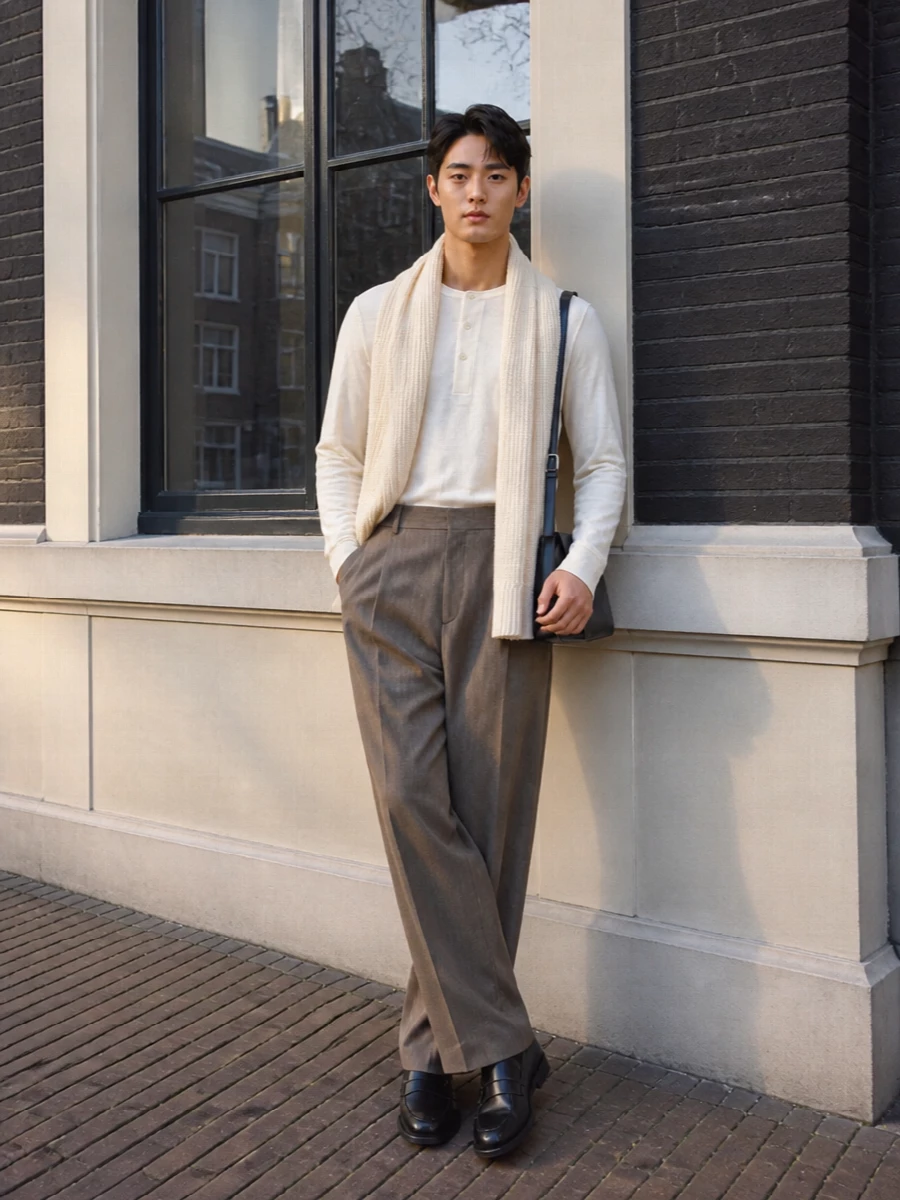 Studio nicholson henley taupe pleated trouser outfit