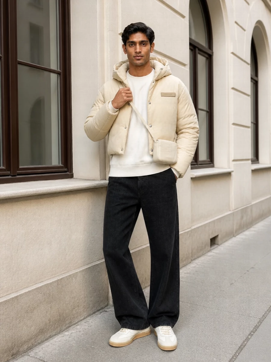Jacquemus puffer black jeans margiela sneakers