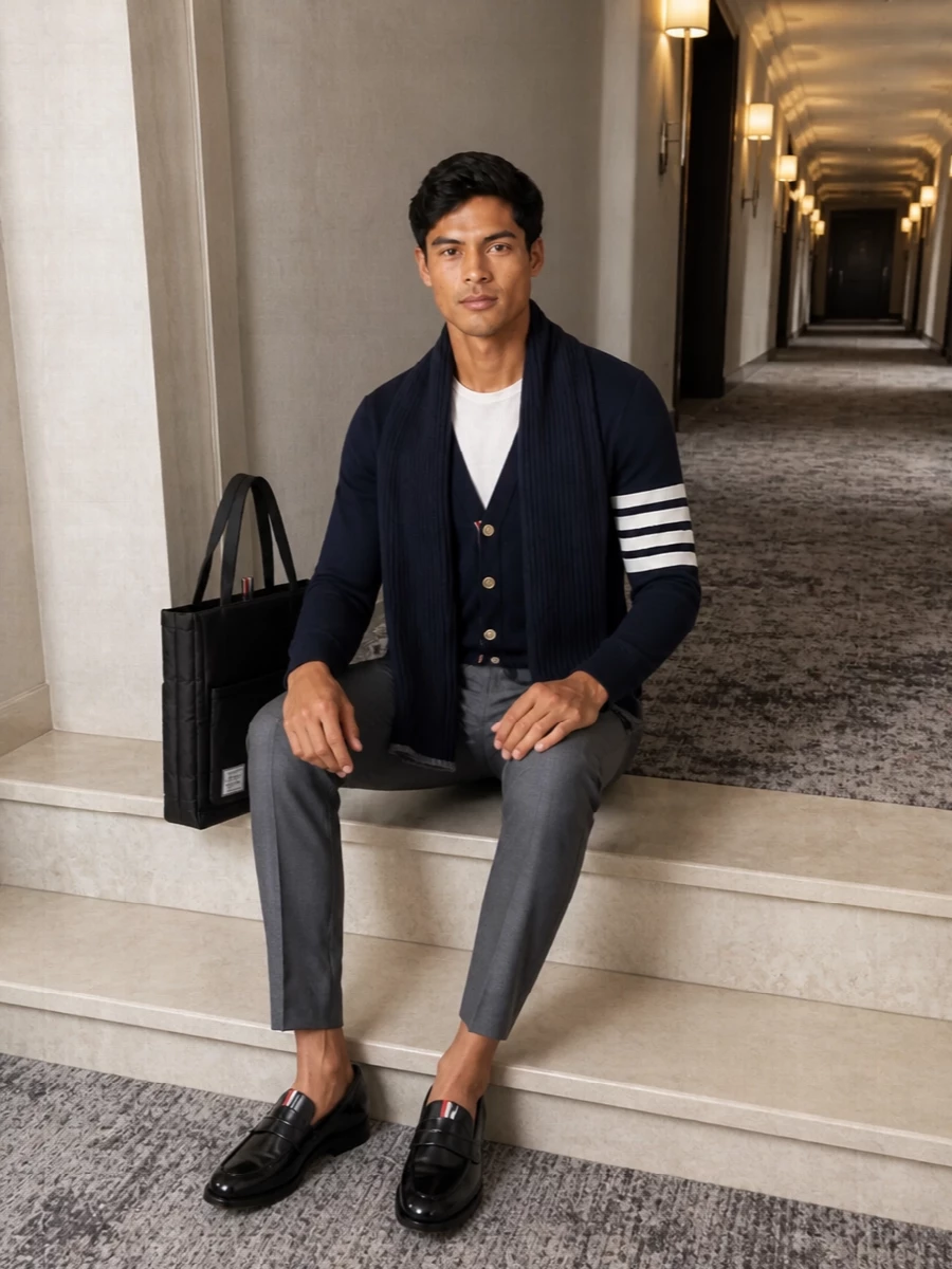 Thom browne cardigan grey trousers loafers