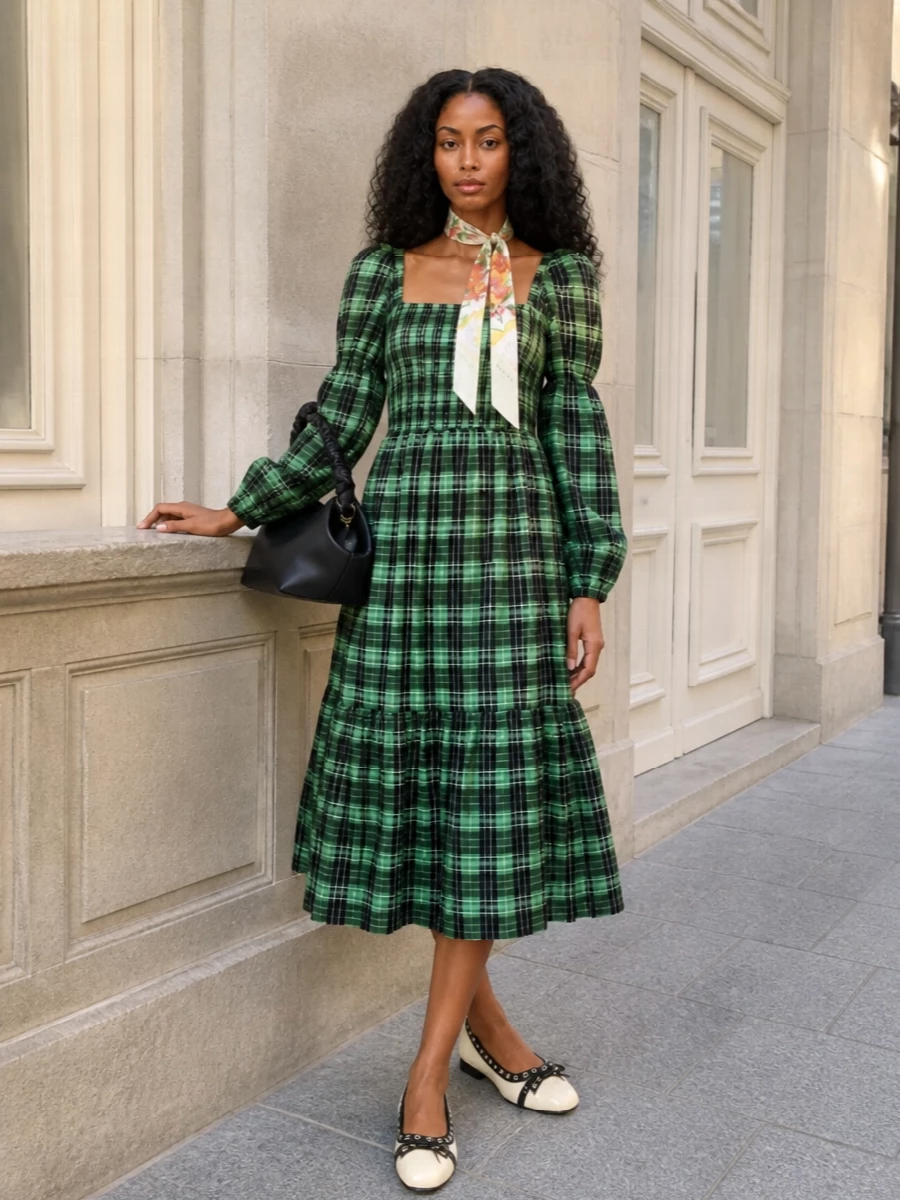 Ganni green check dress ballerina flats outfit