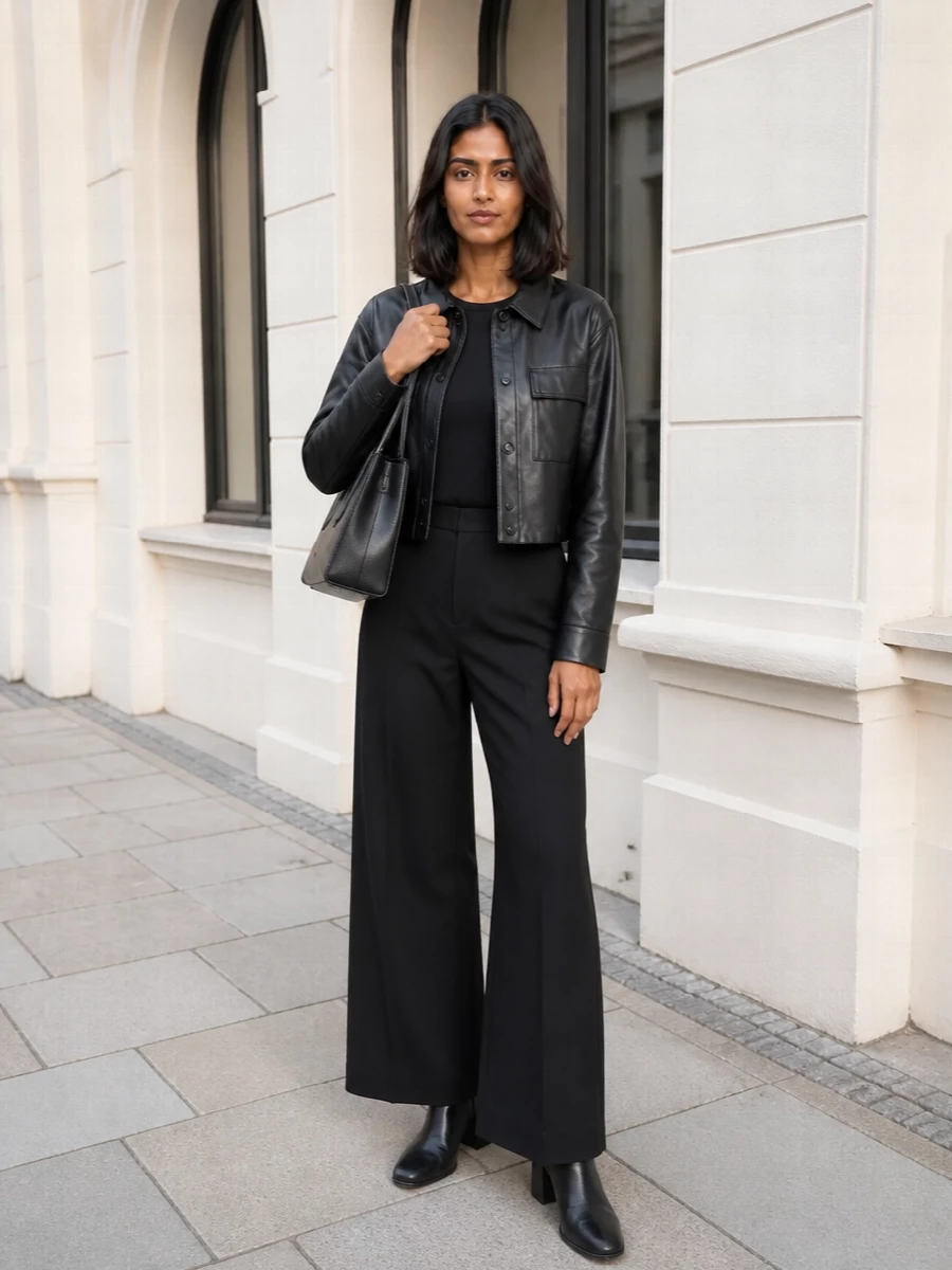 Max mara leather jacket wide leg trousers outfit