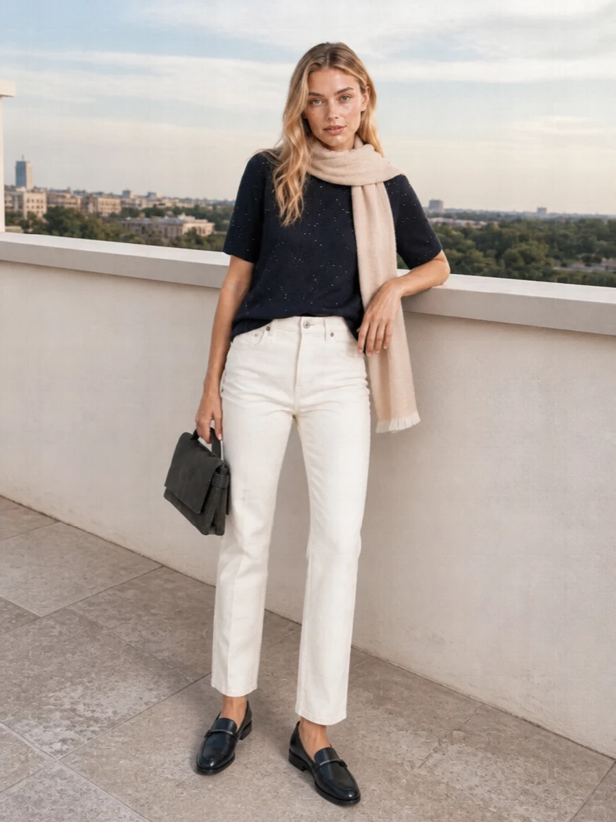 Ink navy against winter ivory keeps this outfit clean and composed, letting the knit’s subtle shimmer quietly register. The straight-leg trouser and sleek loafer maintain a tailored line, while the structured bag and soft wrap add just enough texture and warmth for city days that stretch into dinner.