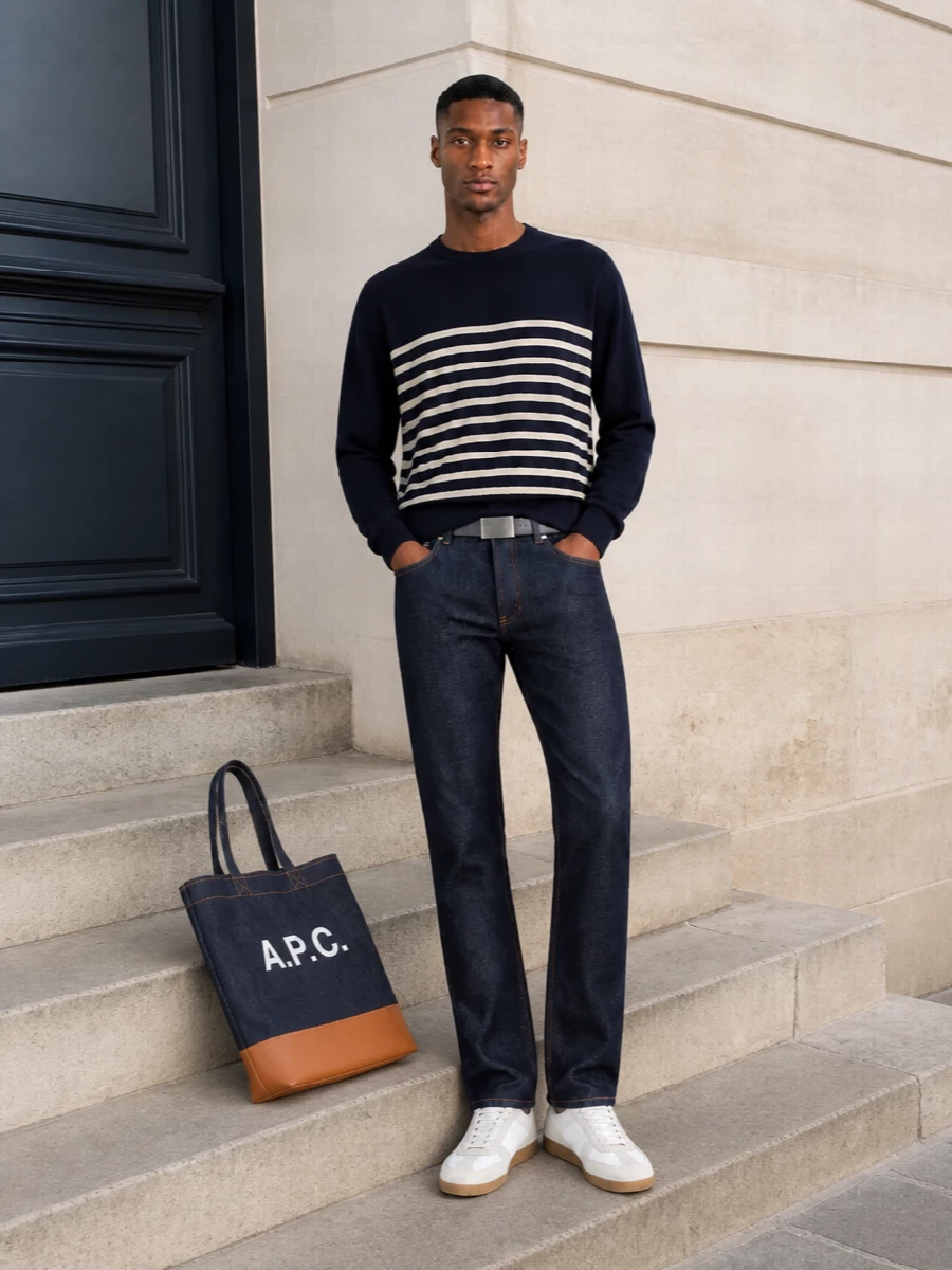 Raw indigo denim meets a navy striped knit for a quietly sharp take on Parisian preppy, all in easy, regular lines. Off-white German trainers and a structured A.P.C. denim tote keep the mood relaxed yet precise, with tan and gum accents subtly warming the deep blues. The result is a clean, uniform-style outfit that works from coffee runs to casual dinners without ever feeling overthought.