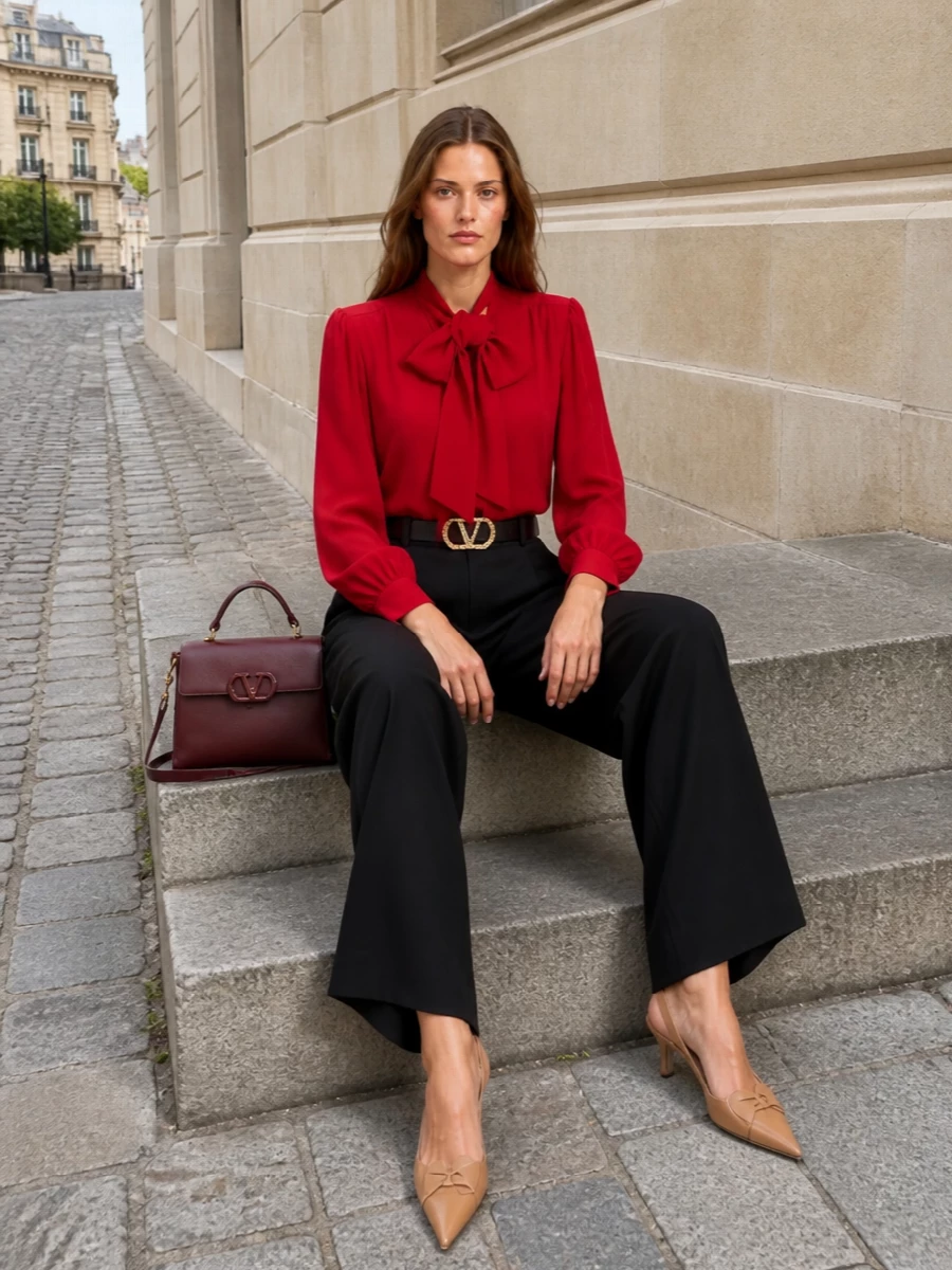 Valentino red bow blouse black wide leg trousers