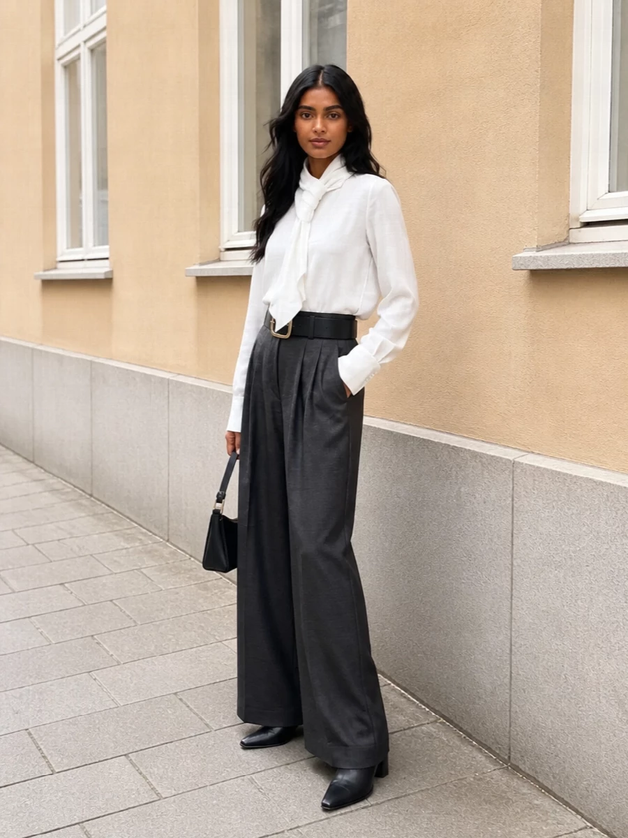 Alberta ferretti wide leg trousers white scarf shirt