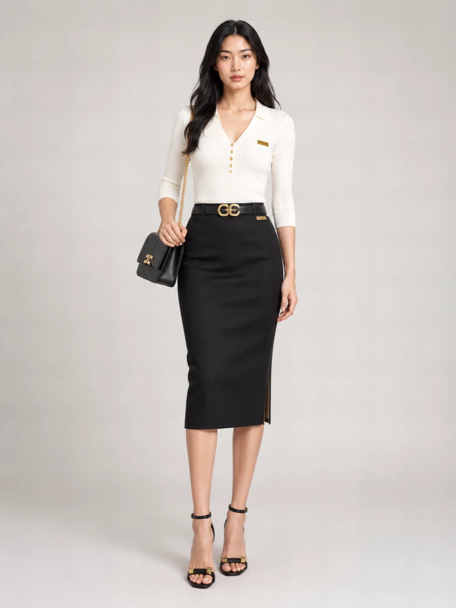 Elisabetta Franchi Satin Trim Crepe Midi Pencil Skirt