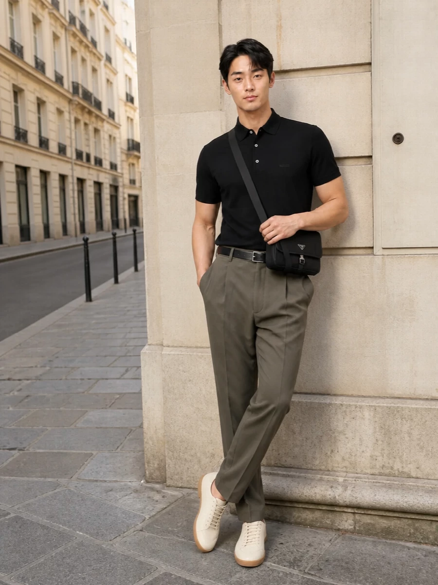 A black Zegna polo is paired with olive‑taupe pleated trousers for a look that’s sharp but relaxed, playing tone‑on‑tone depth against a minimalist silhouette. Cream leather sneakers introduce a light, modern contrast, while a black Prada crossbody and slim black belt finish the outfit with precise, urban polish that stays firmly in the quiet‑luxury lane. The result is an SS uniform that moves easily from refined daytime to understated evening plans.