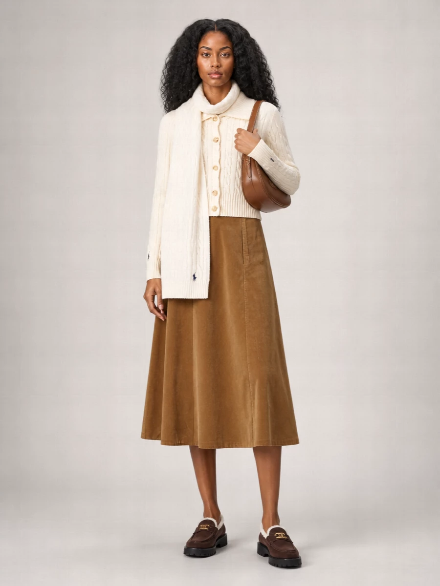 Cream cable knit with camel corduroy and chocolate accessories creates a warm, collegiate palette that feels calm but considered. The cropped cardigan sits neatly over the high waist of the midi, while the sturdy yet plush loafers and curved leather bag keep the outfit grounded for full days out. A soft cable scarf brings extra texture and light around the face without breaking the quiet mood.