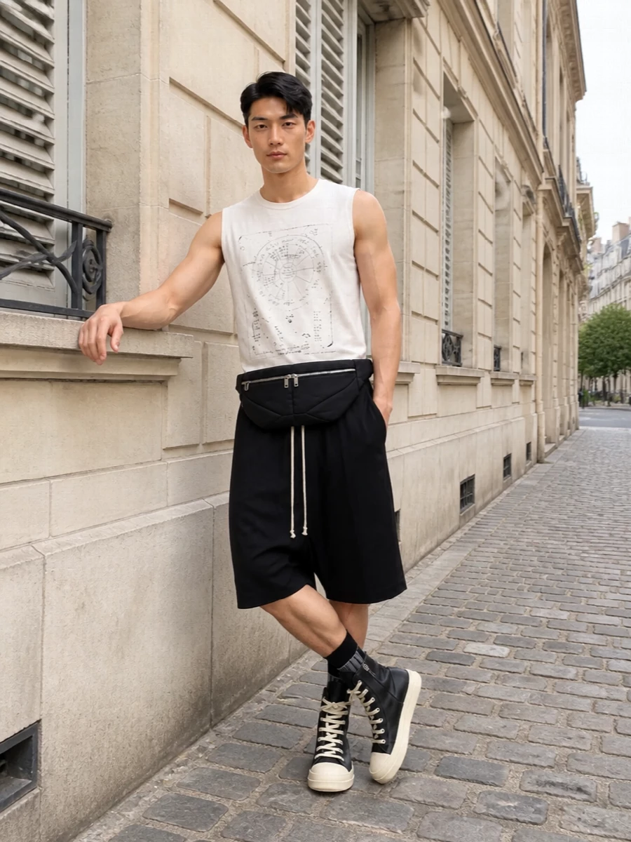 An off-white astrological tank meets deep black drop-crotch shorts for a clean, graphic Rick uniform in summer proportions. Chunky black and cream high-tops pick up the tank’s sketch tones and the drawcord, while the padded belt bag and tabi socks stay close to the body so the long lines and negative space stay sharp. It is relaxed, cerebral streetwear that still reads decisively intentional from head to toe.