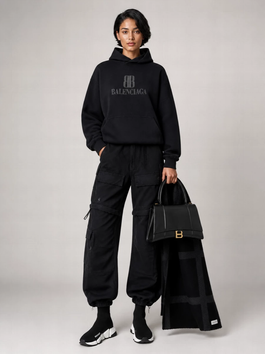 Balenciaga Cotton Cropped Logo Print Hoodie