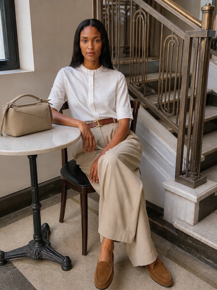 The row beige wide leg trousers white shirt
