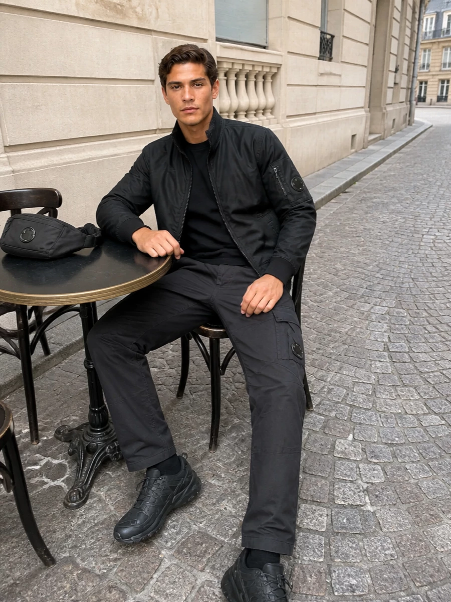 Head-to-toe C.P. Company in black and charcoal keeps this city uniform sharp, technical and low-key. The straight cargo trouser and trail runner add just enough structure and function to ground the bomber and crew without breaking the stealth palette. It is a travel-and-commute ready setup that reads considered while staying fully utilitarian.