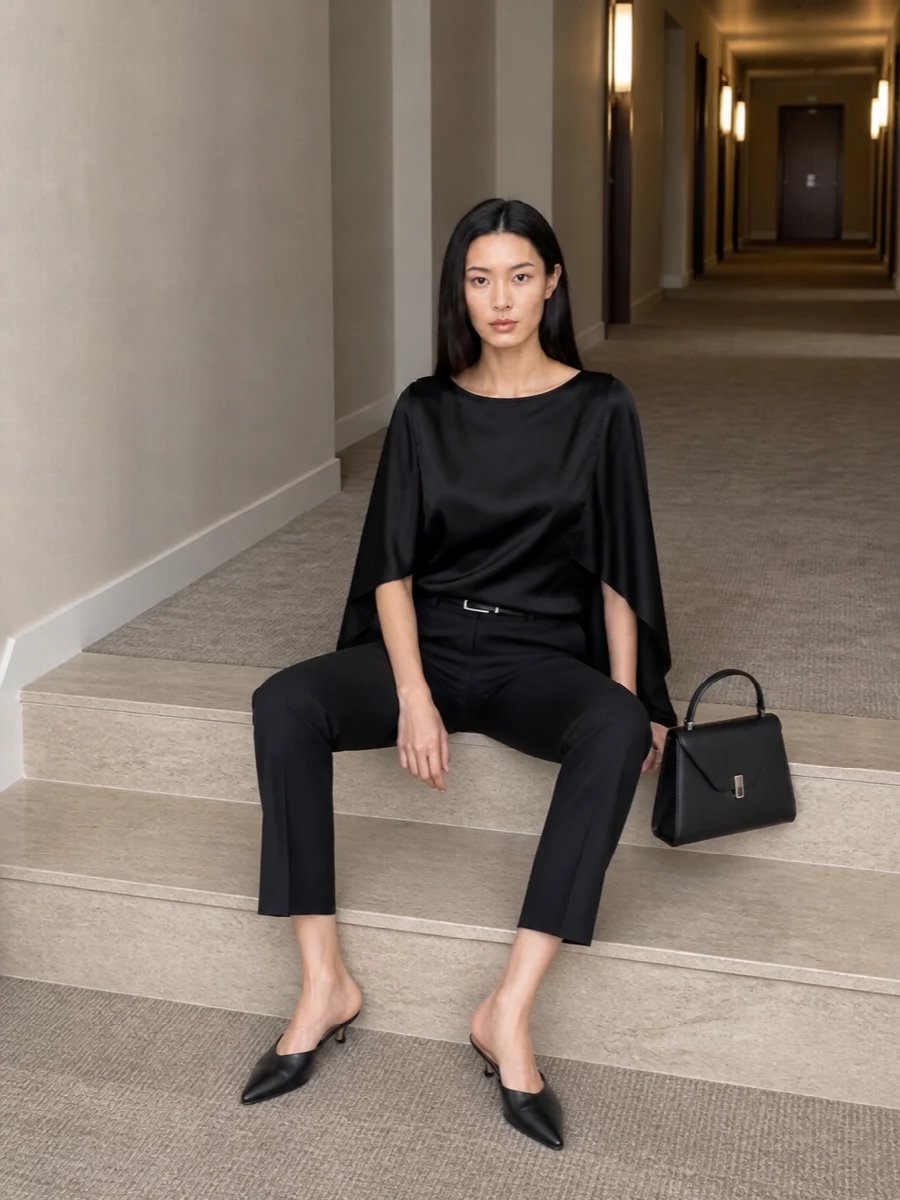 The row black trousers satin top outfit