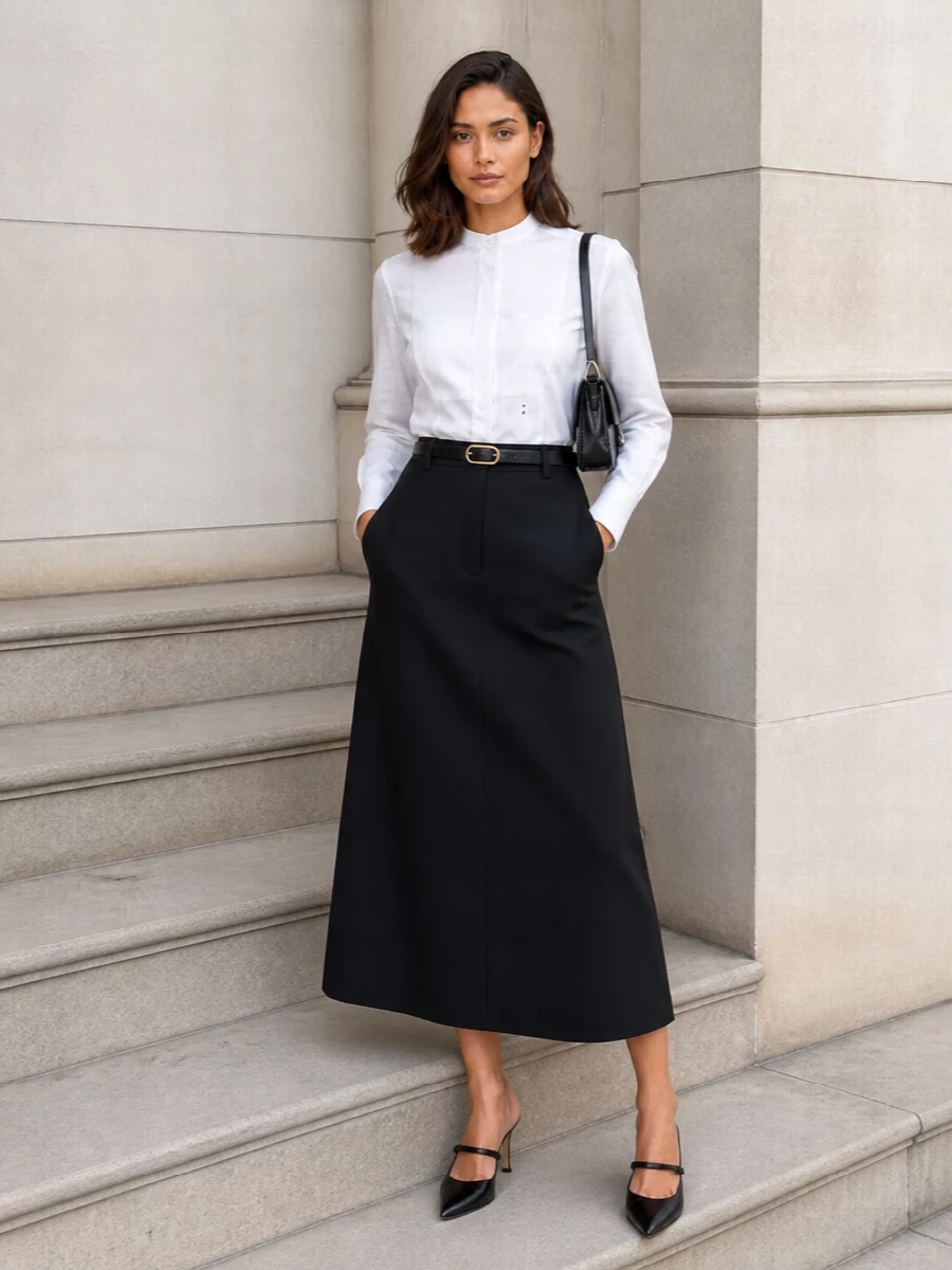 Fendi black skirt white tuxedo shirt outfit