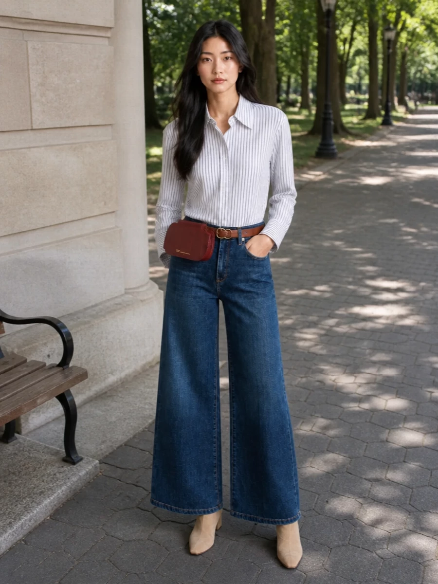 Ermanno striped shirt wide leg jeans outfit