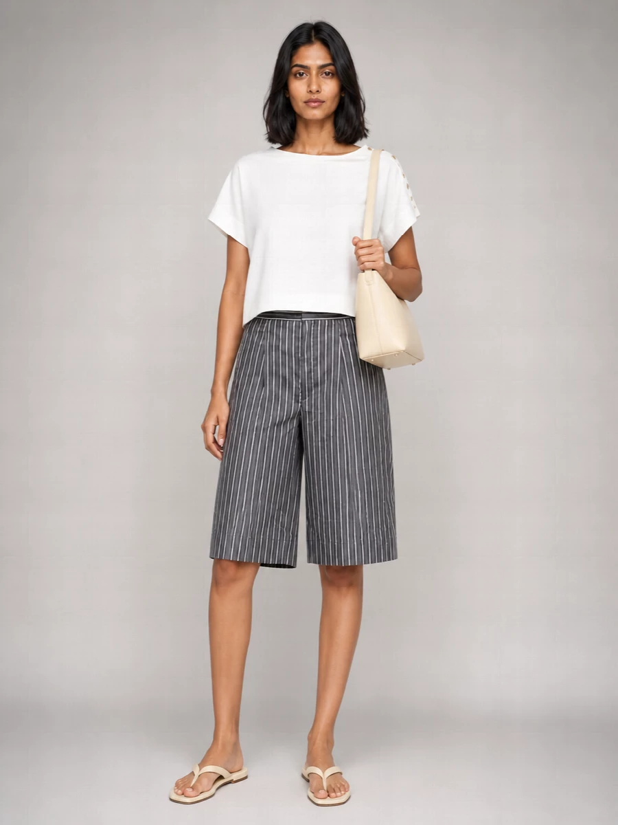 Soeur Striped Pleated Wide-Leg Bermuda Shorts