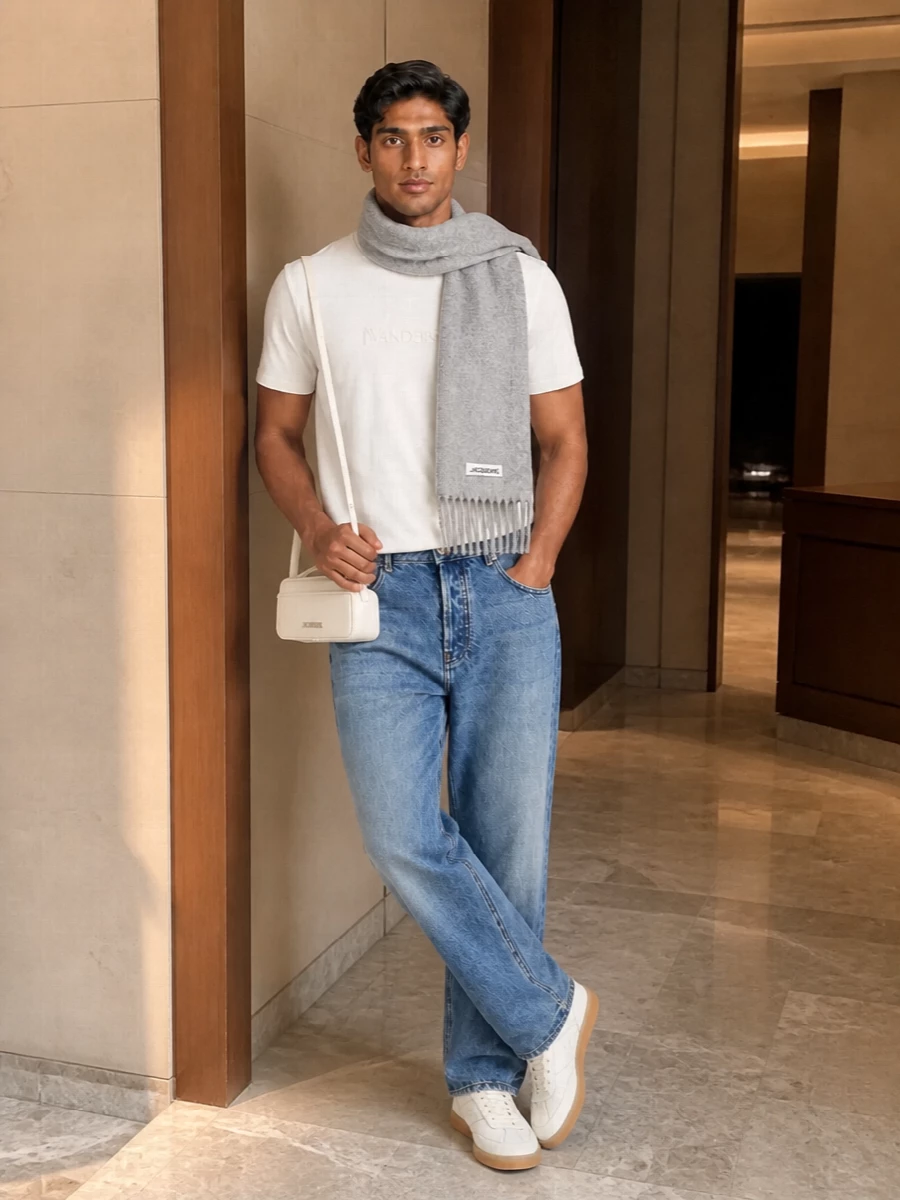 An off‑white JW Anderson tee sits cleanly over mid‑indigo straight Jacquemus denim for a calm, designer take on everyday streetwear. Off‑white gum‑soled sneakers and a cream crossbody keep the palette soft and cohesive. A brushed light grey scarf finishes the outfit with understated texture and warmth for cooler days.