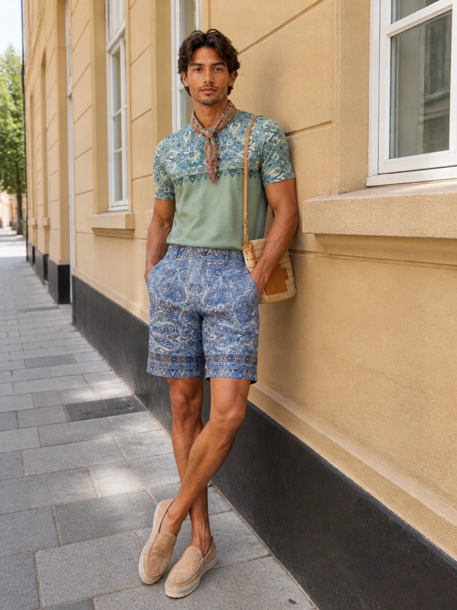 Etro paisley tee tailored shorts espadrilles