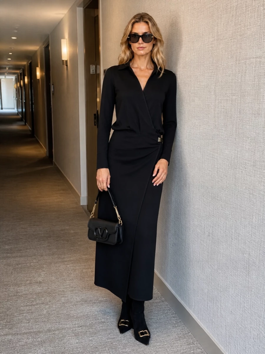 I am building this around the dress path, because one long, fluid black column keeps the focus on the sculptural sunglasses and delivers a clearer, quieter statement than splitting into separates. The Attico wrap maxi, sharp pointed ankle boots and a compact black chain bag work together as a single vertical line, with gold hardware subtly repeating at the temples, ankle and shoulder. It feels like modern city evening dressing for someone who likes presence without noise.