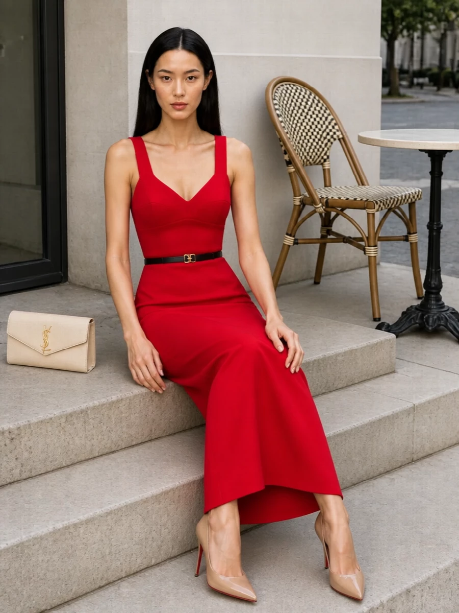 Solace london red maxi dress metallic heels