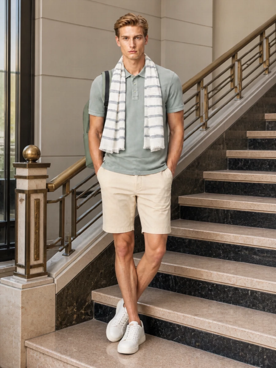 Woolrich polo beige chino shorts white sneakers