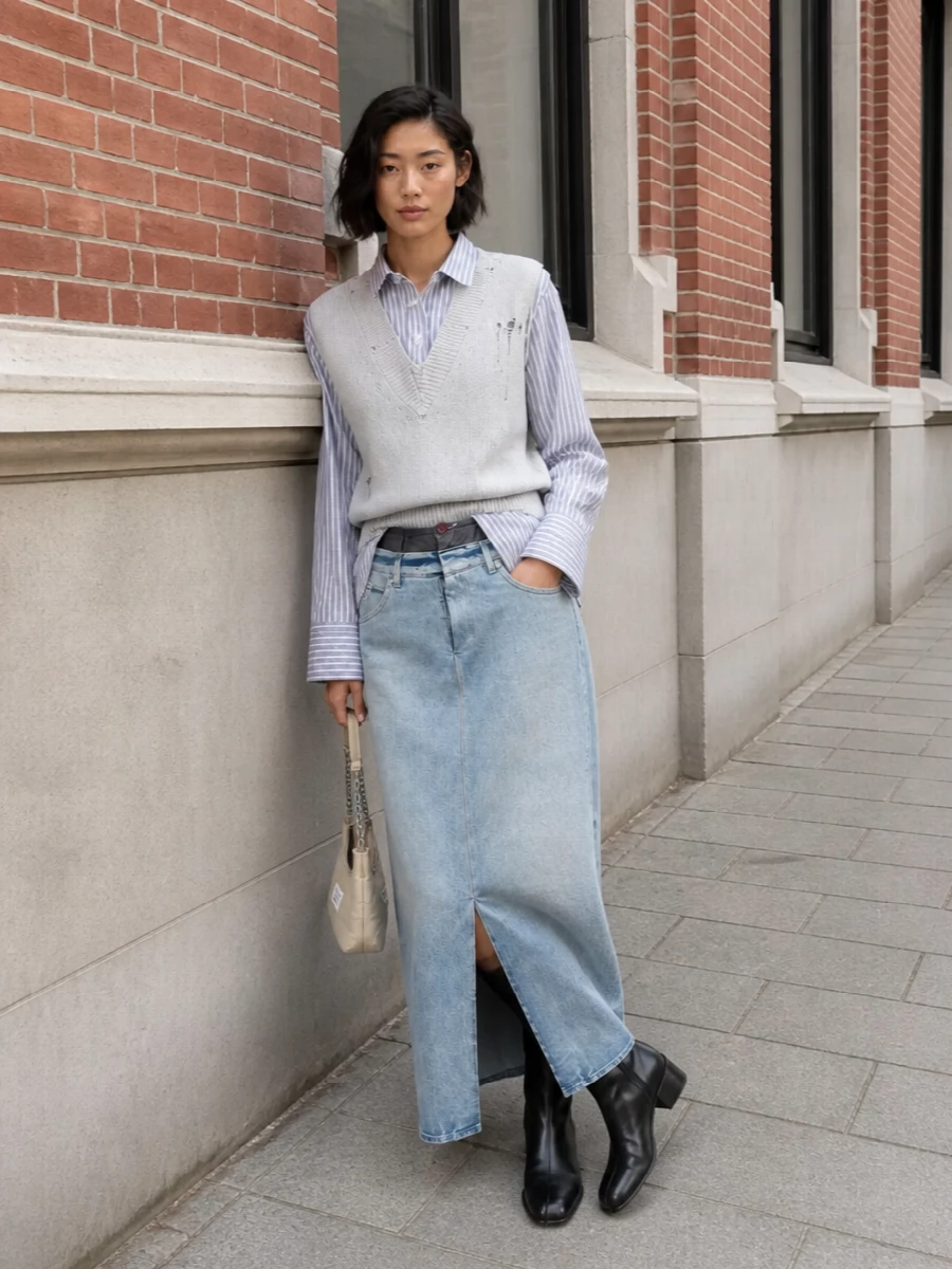 Maison margiela denim maxi skirt layered shirt outfit