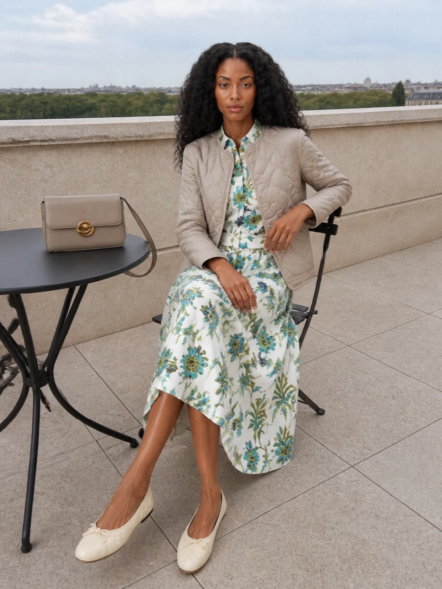 Fay floral shirt dress quilted jacket outfit