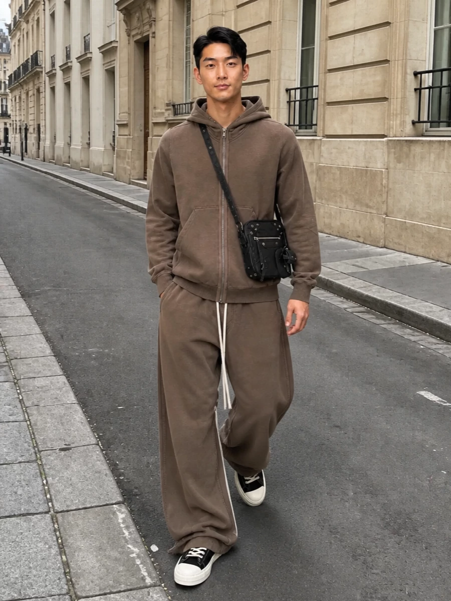This look leans into Rick’s signature volume: the taupe hoodie is grounded by ultra-wide taupe trousers that pool over stark black hi-tops for a long, slouchy silhouette. The compact black crossbody injects a precise, urban accent, keeping the outfit firmly in minimalist, street-driven territory while still feeling elevated and quiet-luxury adjacent.