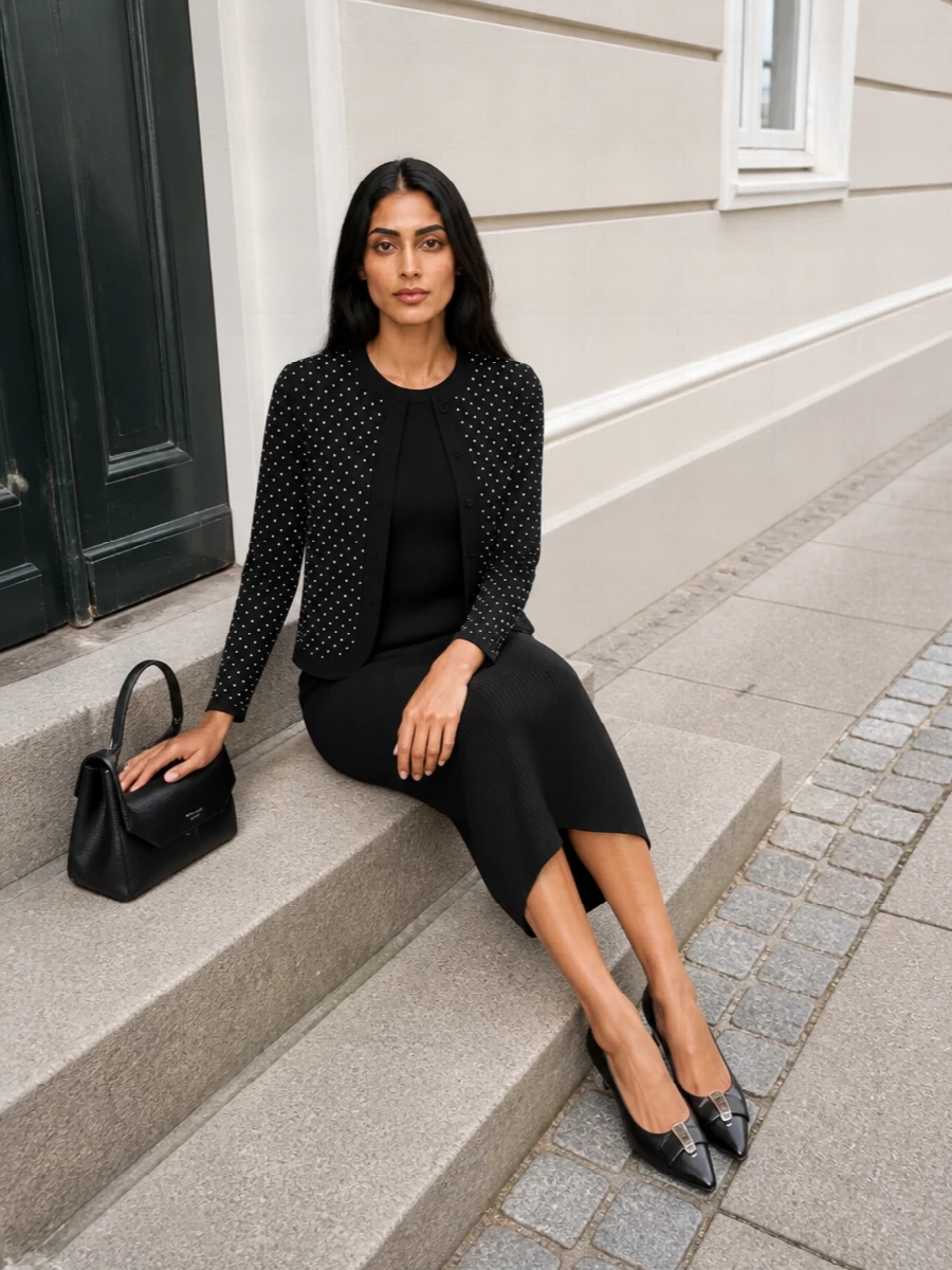 Emporio armani black knit dress blazer outfit