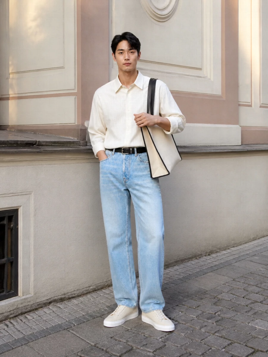 Studio nicholson jeans ivory shirt arigato sneakers