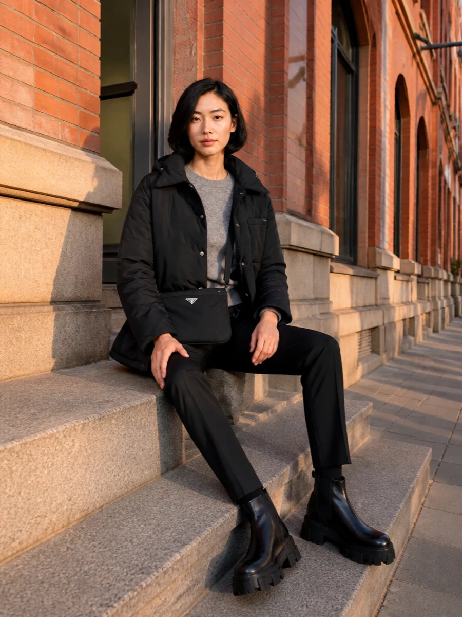 Prada parka tailored trousers chunky boots
