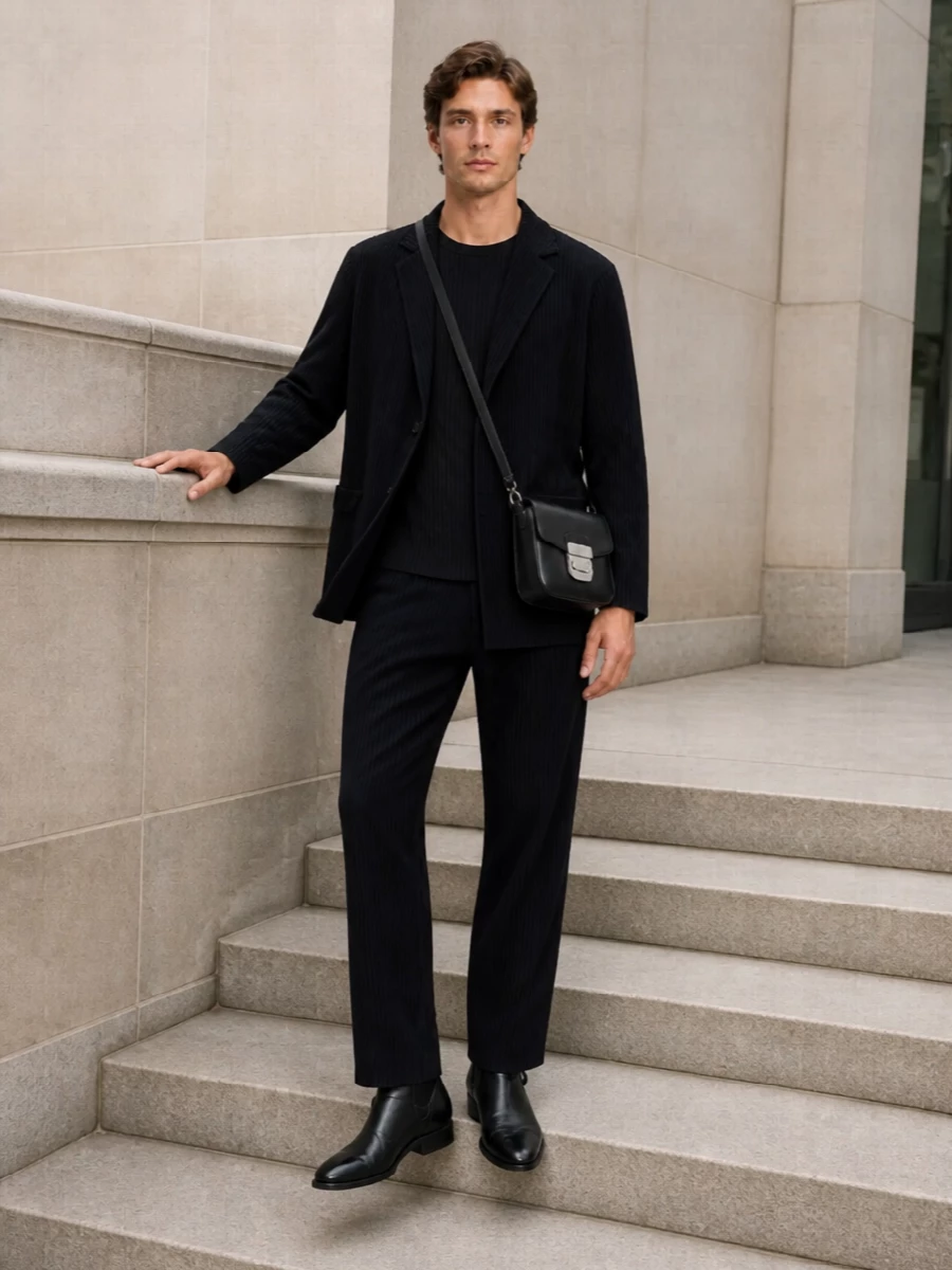A monochrome column of Homme Plissé pleats is framed by a long, inky jacket, then grounded with sharp black leather and a compact crossbody. The result is gallery-ready evening polish that still feels relaxed on the body.