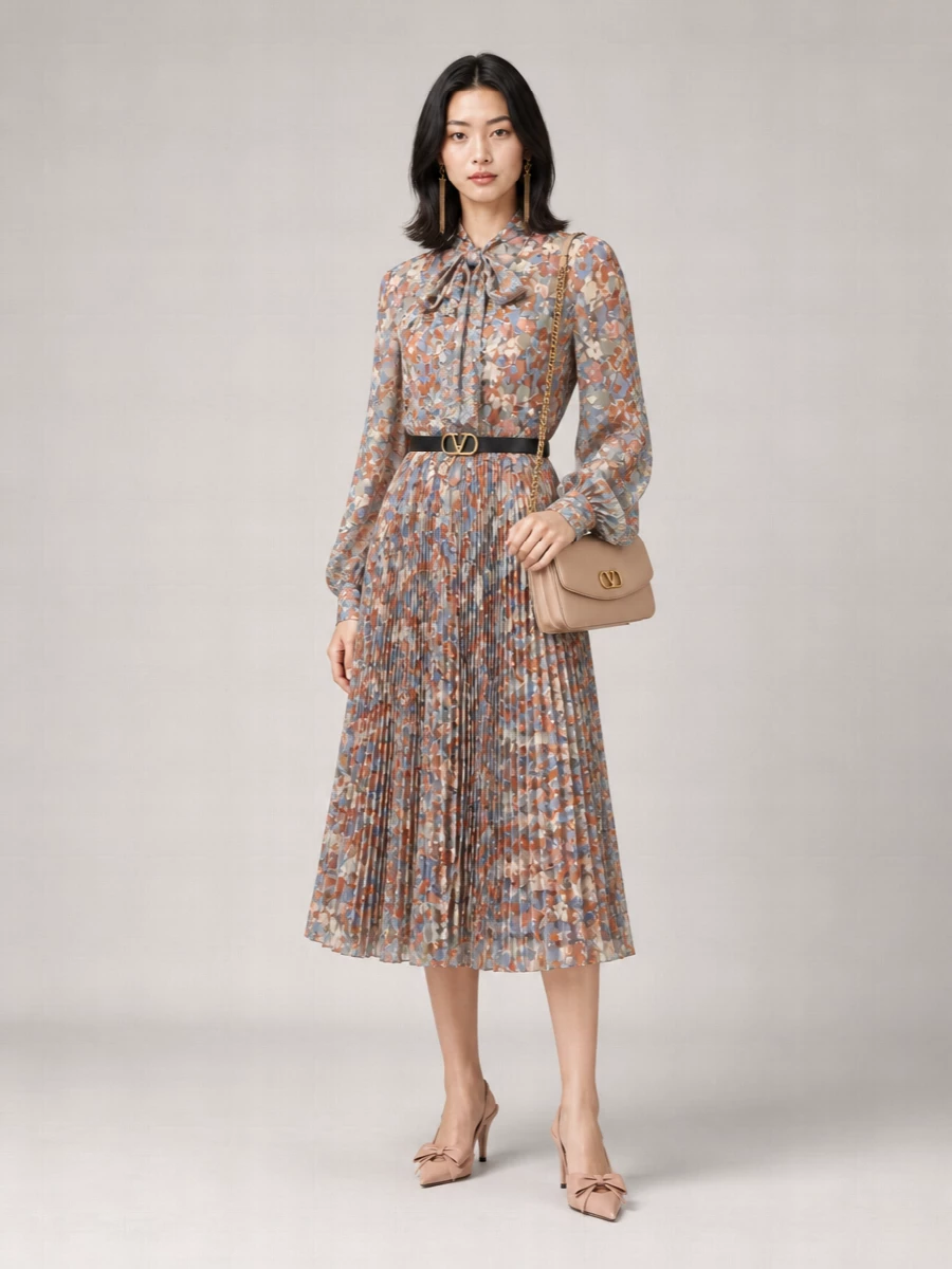 Valentino Garavani silk floral print bow high neck midi dress