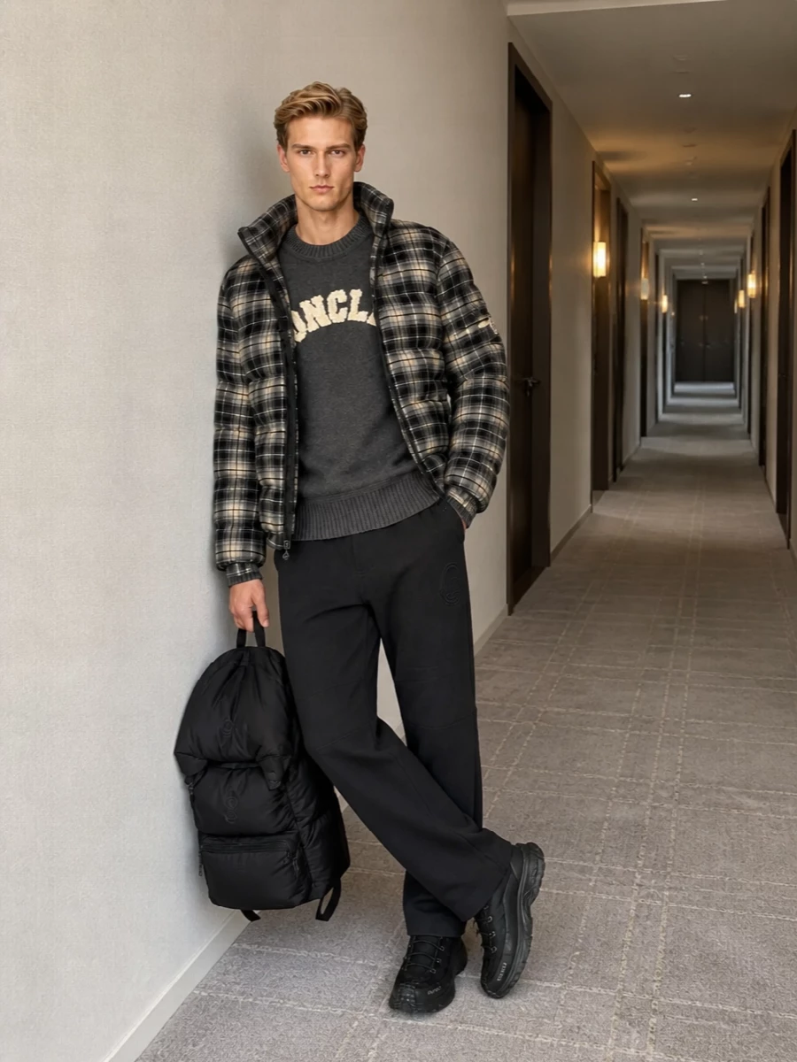 Moncler plaid puffer trail sneaker outfit