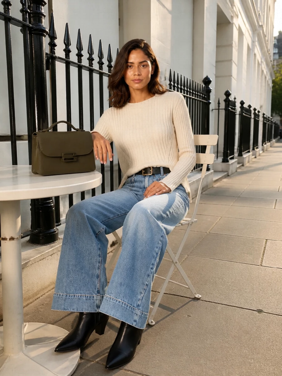 Victoria beckham wide leg jeans cream knit outfit