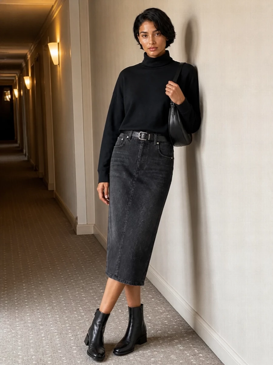 Haikure denim midi skirt black turtleneck outfit