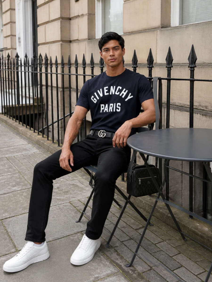 Givenchy navy logo tee black jeans outfit