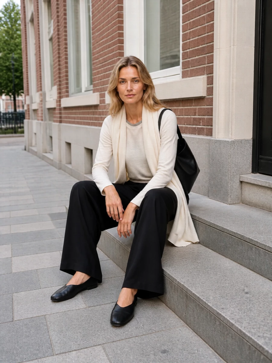 An ivory and grey layered knit sits over fluid black wide-leg trousers for a quiet play on volume that still feels calm and precise. Black flats and a sculpted shoulder bag keep everything close to the body, while the soft ivory scarf lightly echoes the top and frames the face. The result is relaxed, hushed and polished enough to leave the house without changing a thing.