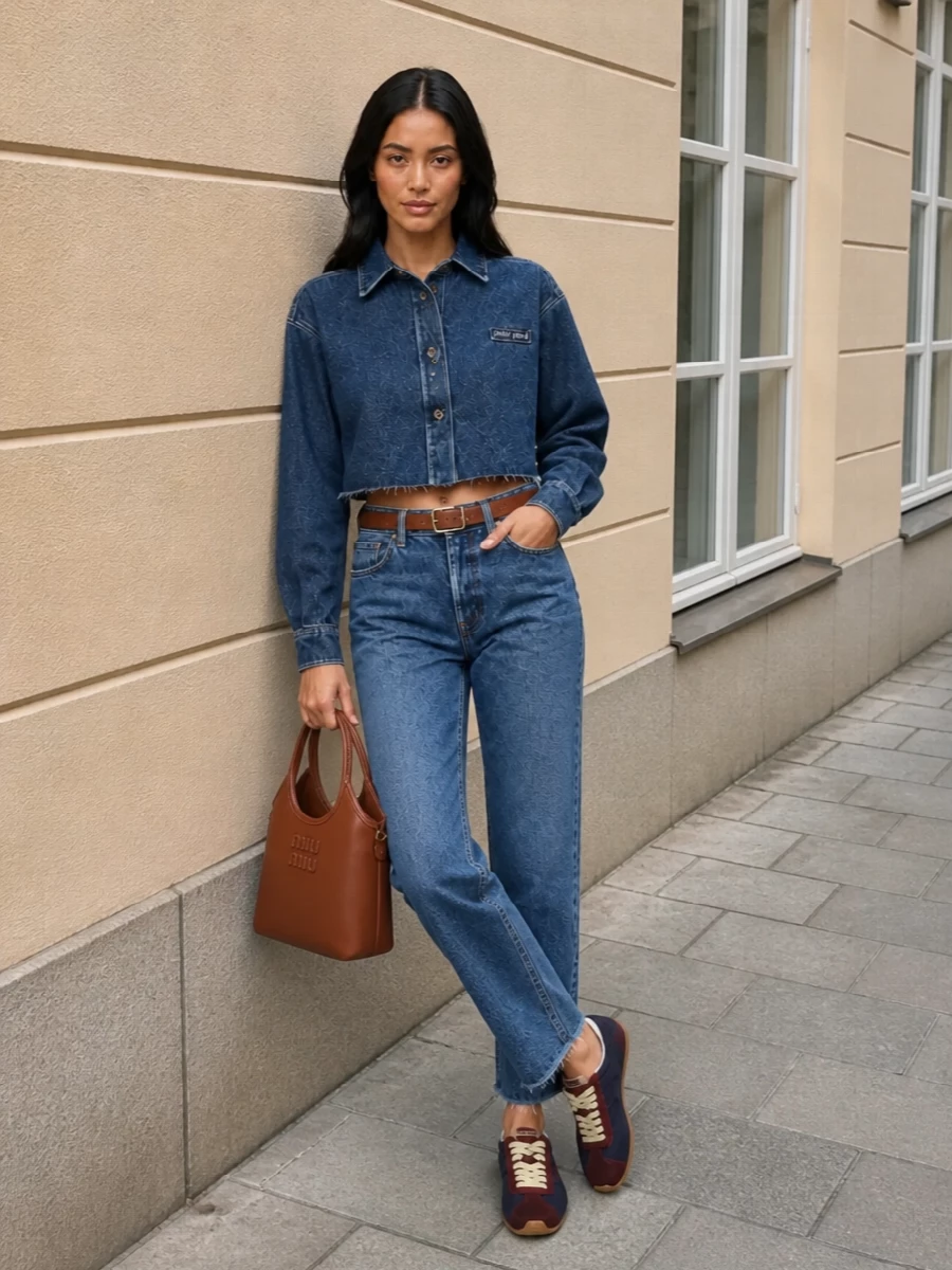 A cropped Miu Miu denim shirt and the high-rise jeans form a clean double-denim base that feels street-smart and a little collegiate. Navy and burgundy runners plus a chestnut top-handle bag and tan belt warm the palette and keep the silhouette grounded but relaxed for city days.