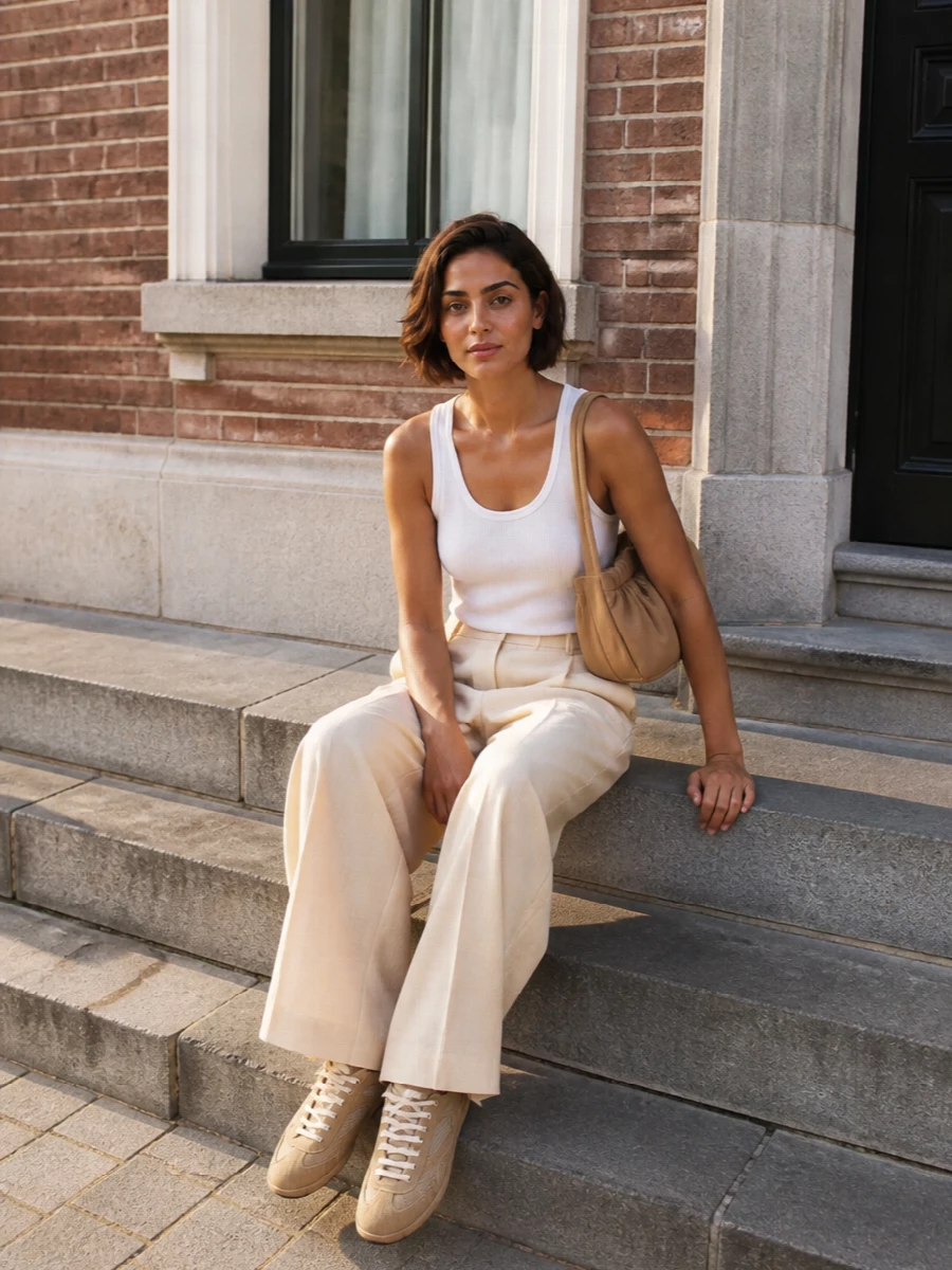 Prada beige wide leg trousers white tank outfit