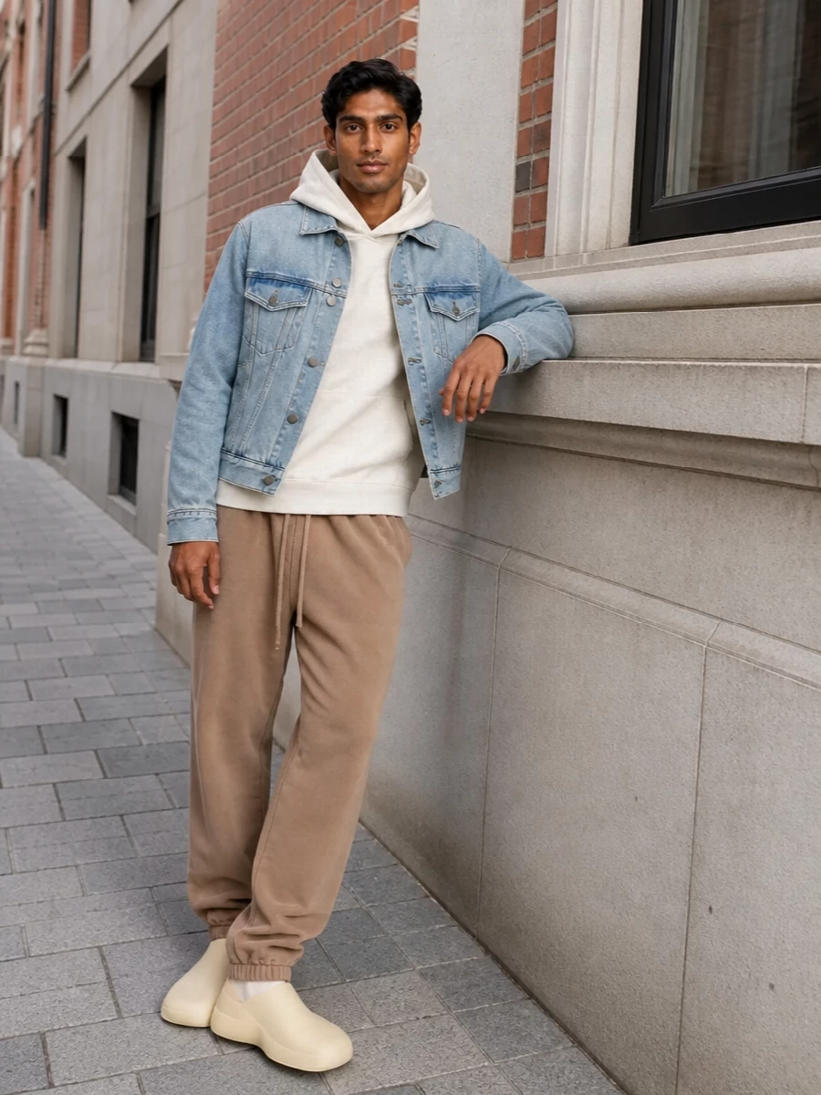 Fear of god denim jacket outfit joggers mules