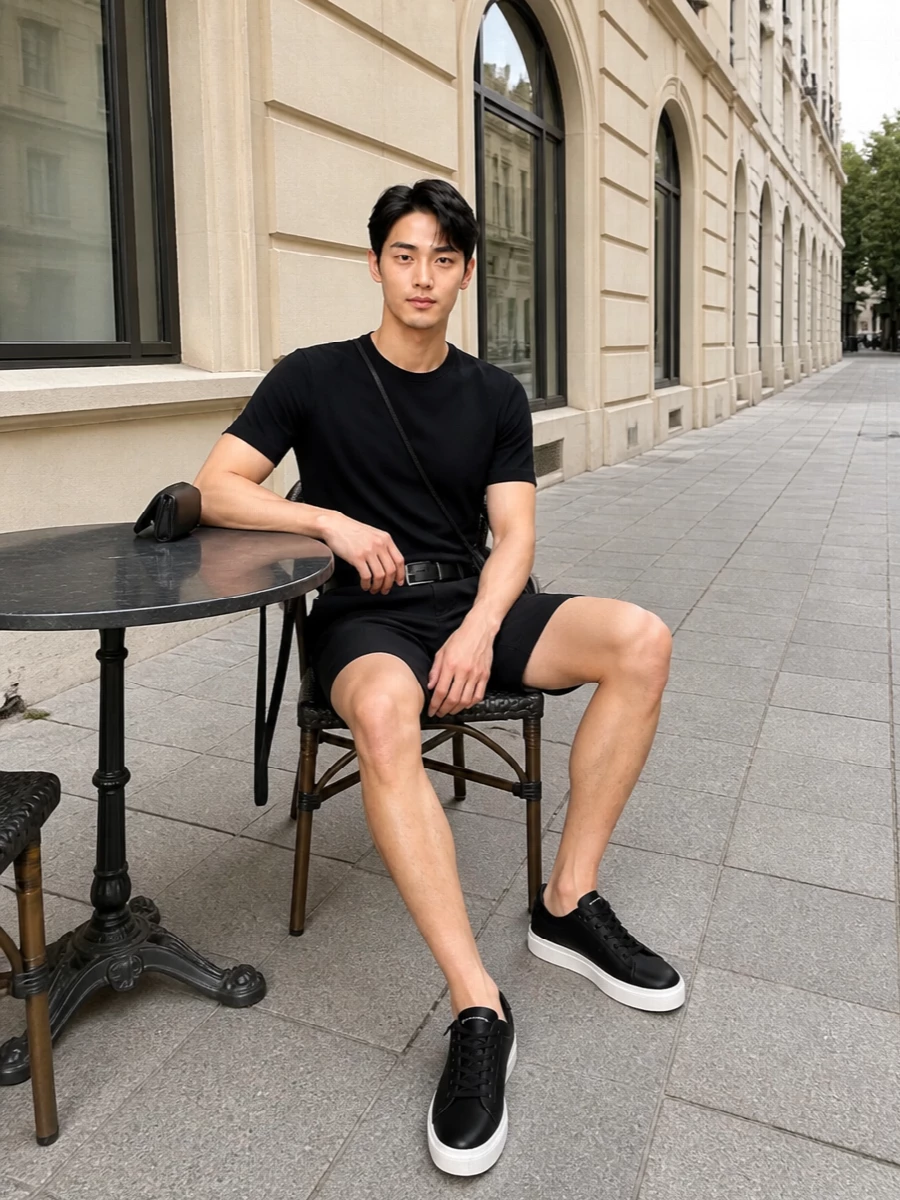 A black-on-black summer uniform, built around the fine knit and tailored short, reads precise yet relaxed for warm city days. Clean leather sneakers keep it modern and low-key, while the slim black belt and compact shoulder bag add just enough structure to feel intentionally put together.