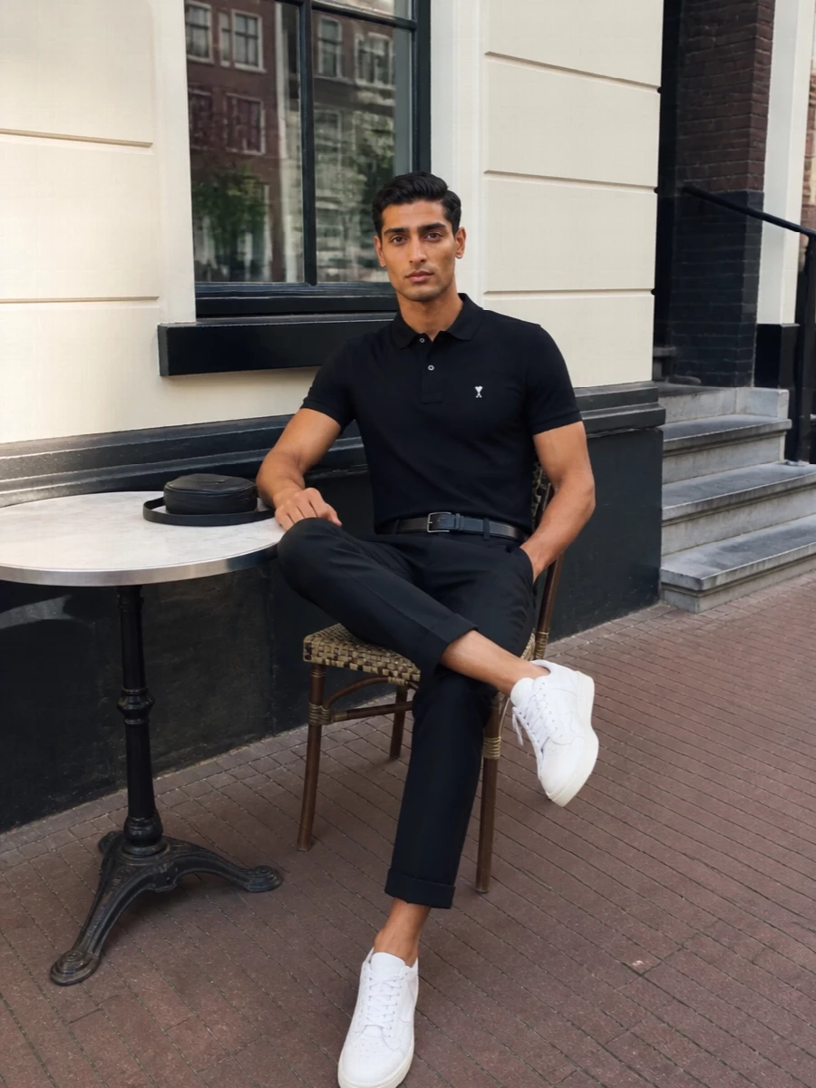 Ami paris black polo cropped trousers white sneakers