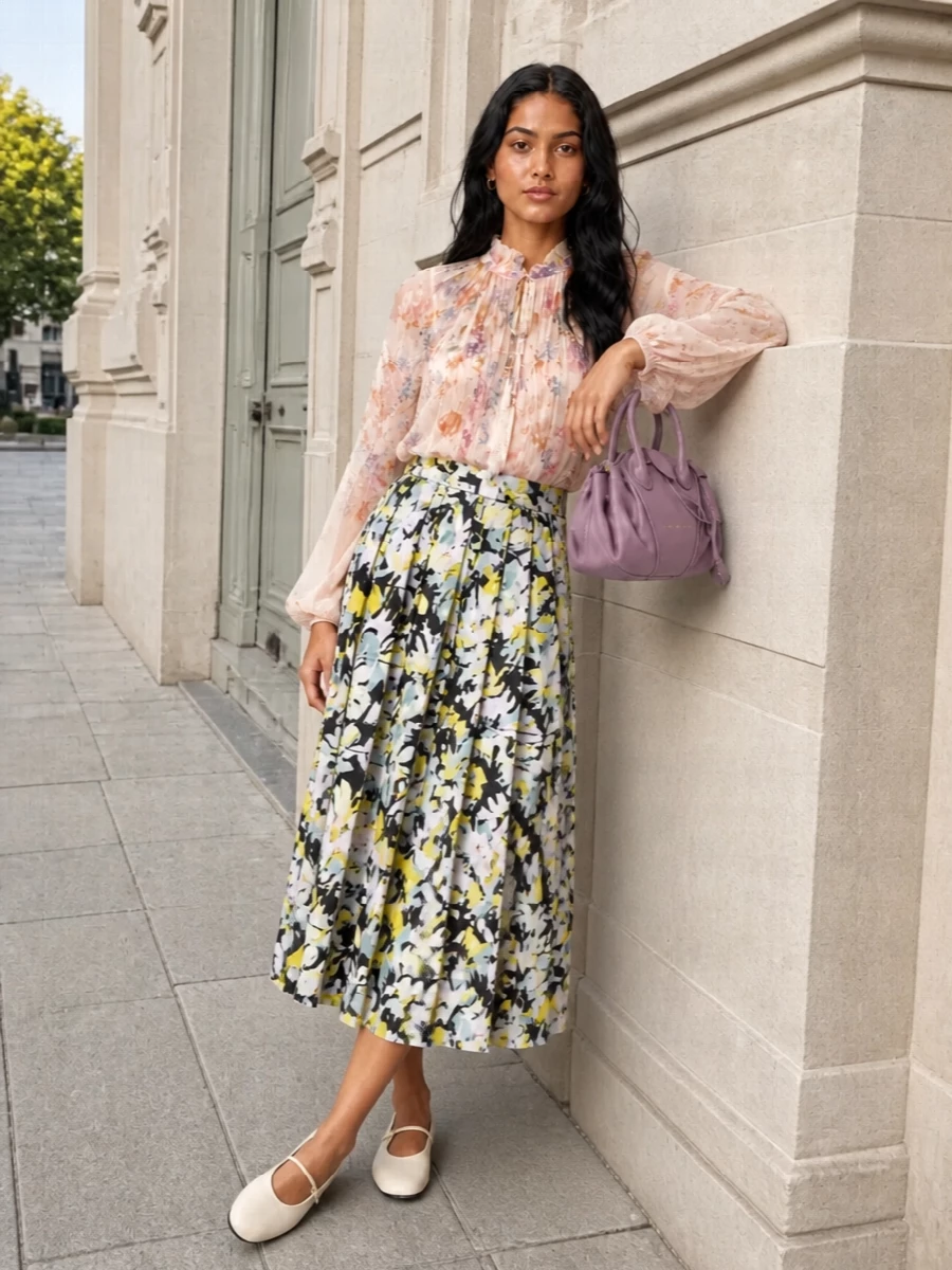 Marni floral midi skirt romantic blouse outfit