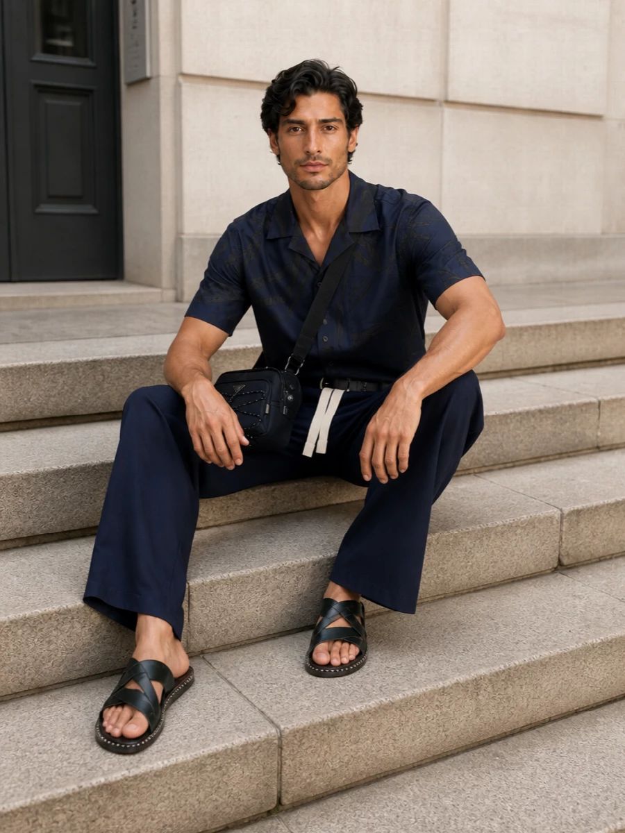 Deep navy wide-leg trousers ground the outfit, paired with a navy camp-collar shirt that layers tonal texture over the clean silhouette. Croc-embossed green slides keep it relaxed but polished, while the technical navy crossbody and black belt add just enough structure for city days. The result is a quietly luxurious, street-aware uniform for warm-weather studio hours and off-duty evenings.