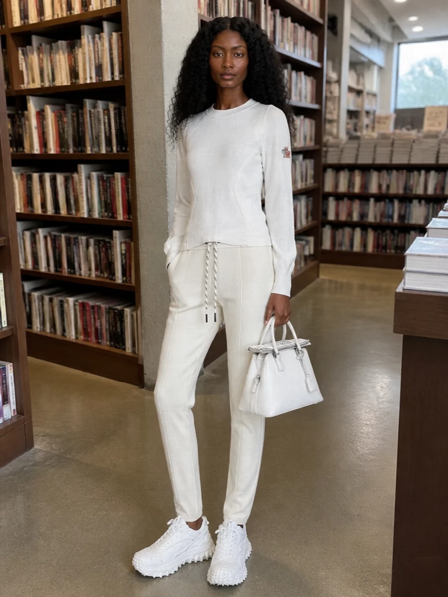 A near-monochrome Moncler Grenoble set lets the sculptural white sneakers take center stage, reading polished yet distinctly sportif. The ribbed knit and tapered track pant share a technical precision that feels city-ready rather than gym-bound. A structured white bag finishes the palette with just enough sharpness for travel days, off-duty meetings or minimal weekend errands.