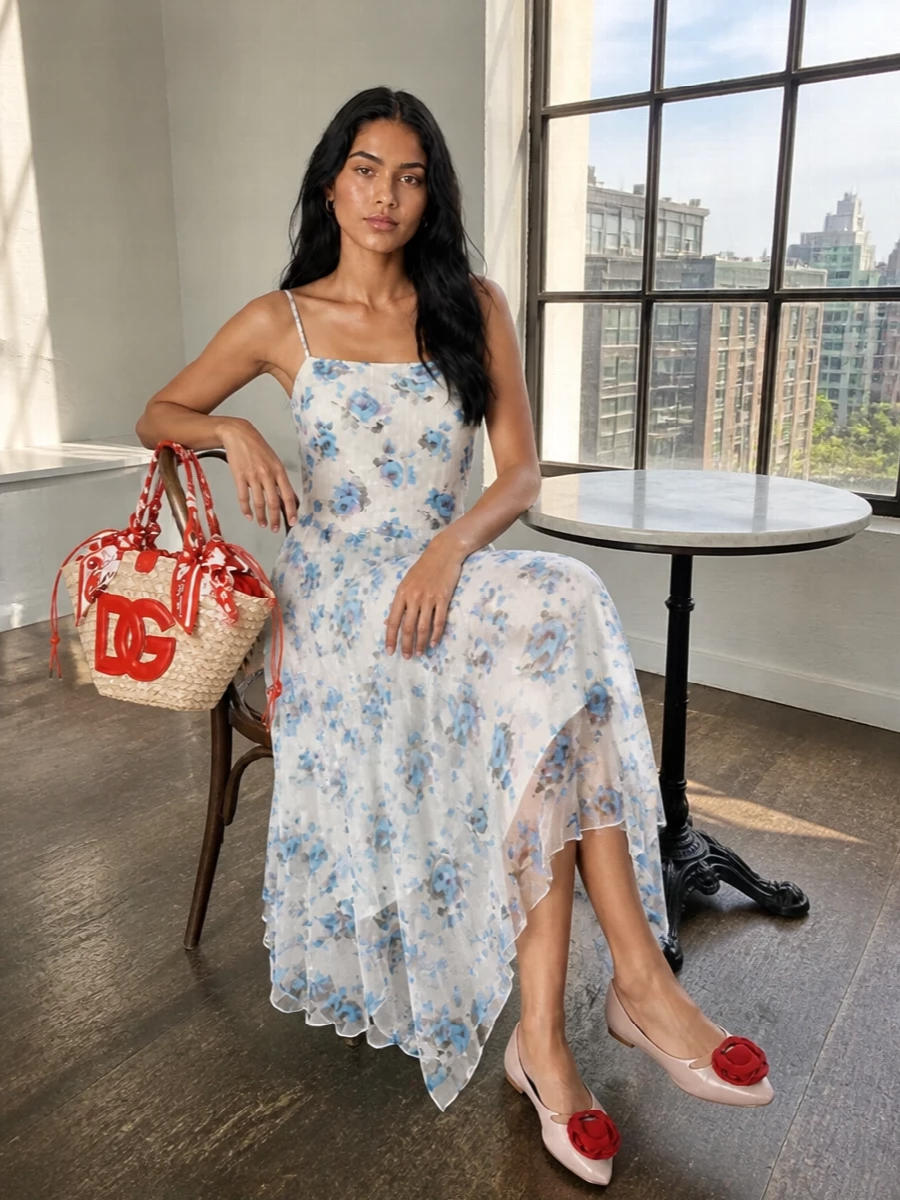 A floaty floral midi paired with satin rose-detailed flats gives the raffia tote a romantic, Riviera-ready context that still feels city appropriate. The soft ivory, blue and blush tones keep the basket’s red leather playful rather than overpowering, with the length and movement of the dress balancing the bag’s structured shape. Choosing the dress route over separates keeps the silhouette clean and the mood distinctly garden-party chic.