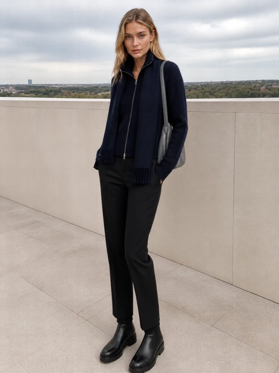 Extreme cashmere zip sweater black trousers outfit