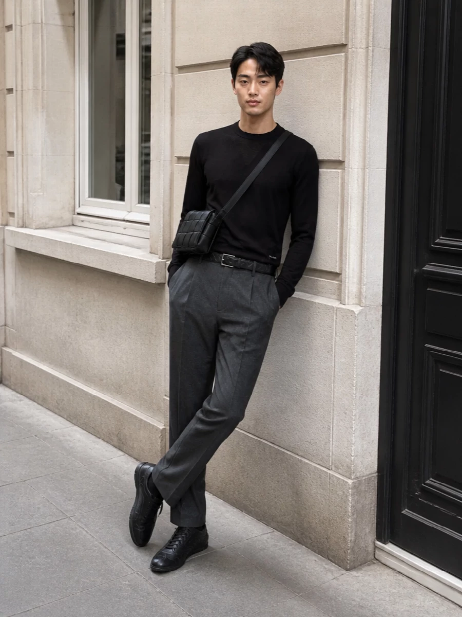 Prada black crewneck pleated trousers outfit